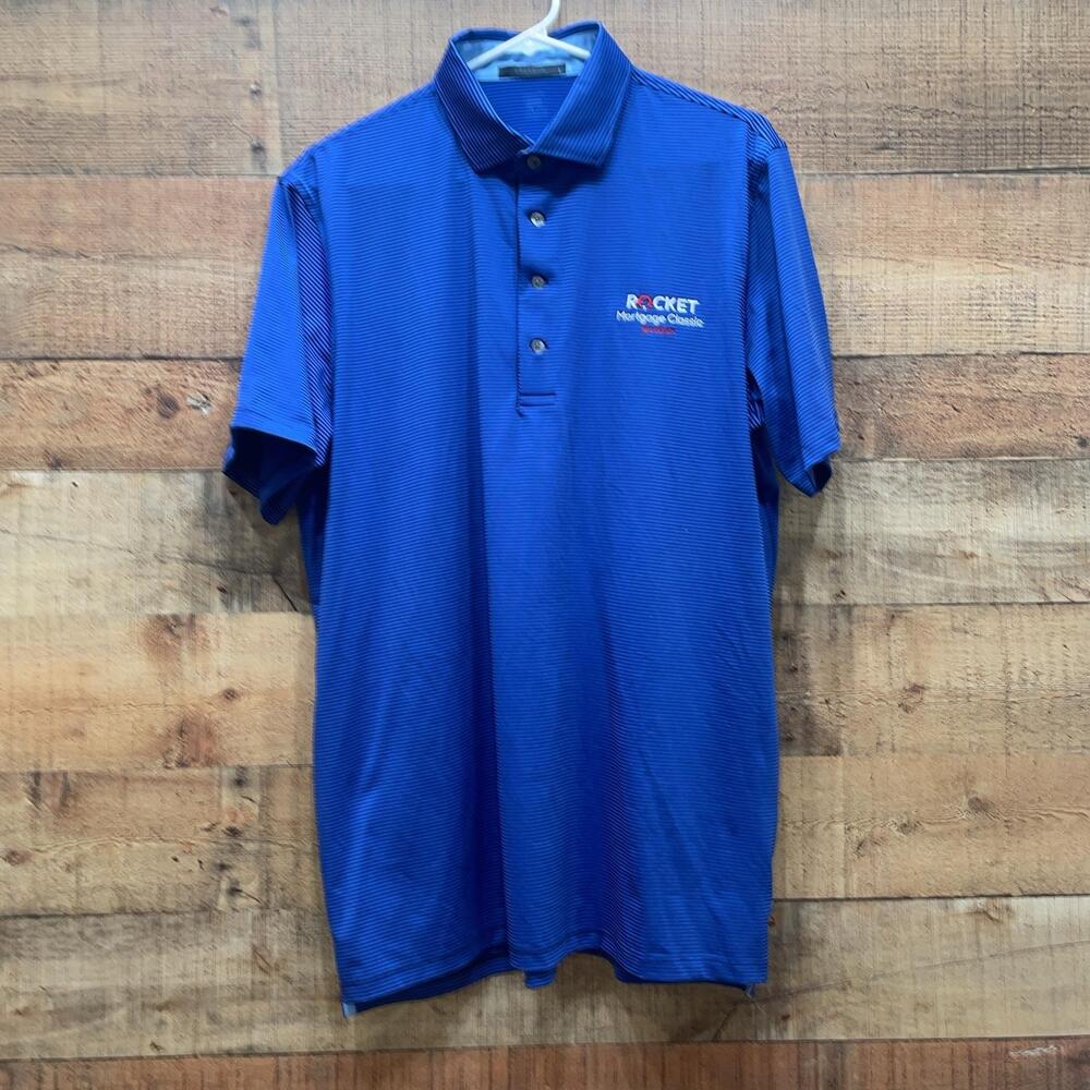 Greyson Saranac Polo Mens Size Large Blue Striped Golf Rocket Mortgage Classic